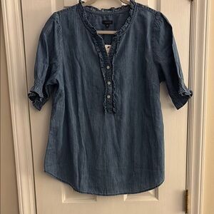 Talbots Blue Blouse with Mandarin Collar and Cuffed Sleeves
